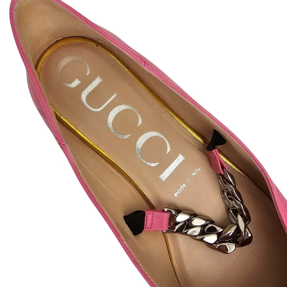 Gucci Horsebit Chain Pointed Toe Ballet Flat Size 38.5 US 8.5 Pink Gold Silver